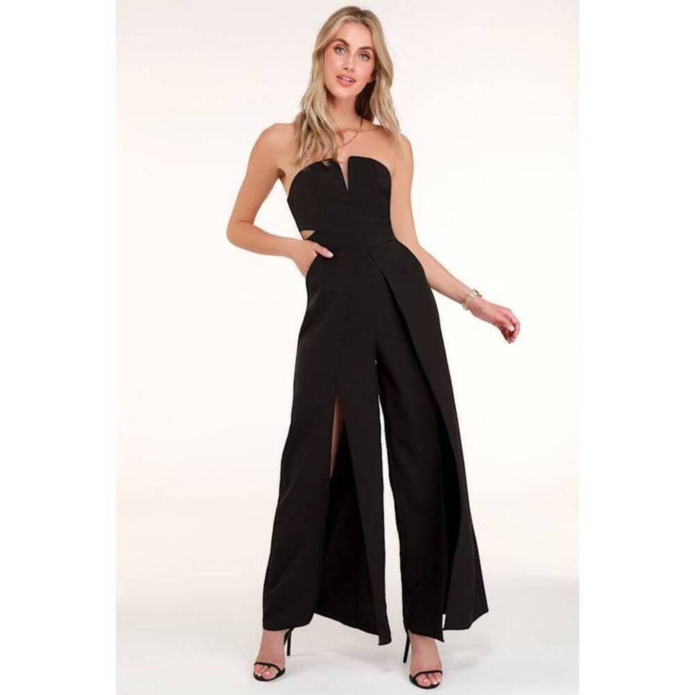 Lulus Dream It Black Strapless Cutout Jumpsuit - Size S